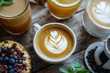 Top view of coffee cup with intricate latte art placed on rustic wooden table, showcasing warm and cozy morning beverage atmosphere perfect for cafe or lifestyle themes