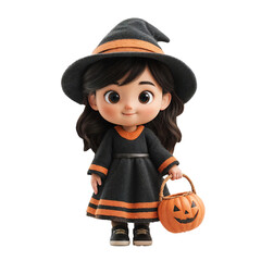 A girl dressed as a witch with a pumpkin in her hand celebrates Halloween. She smiles and looks at the camera. On white background.