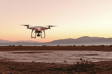 3D rendering of a drone equipped with digital camera flying high in the sunset sky above vast desert terrain, capturing scenic views with warm ambient lighting