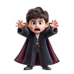 A young man dressed as a vampire with a menacing look. He wears a black tunic and cloak. For Halloween