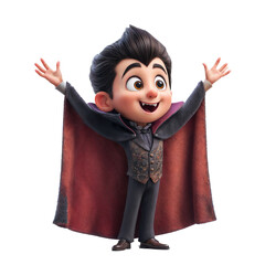 A cartoonish little boy dressed as a vampire is standing with his arms raised and a smile on his face. For Halloween.