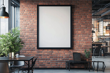  modern cafe interior featuring blank poster mockup on textured brick wall, cozy seating, and warm ambient lighting for branding or artwork presentation