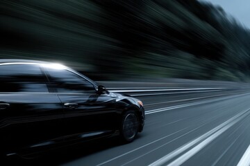 Obraz premium Black car races down the highway at high speed, blurring past trees and barriers during daylight hours