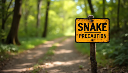Warning sign for snake precaution on forest path with green trees in background
