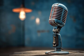 Classic microphone with retro design against soft blue background, illuminated by ambient bulb light during a creative evening session