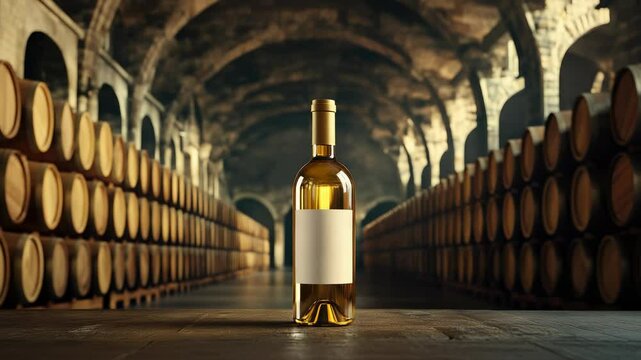 Minimalist bottle arrangement: sealed carafe, empty label, wooden cask, arched interior, ruby color, vineyard scent, subtle glow, fine texture, elegant room, classic mellow warmth, wine essence