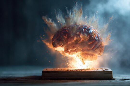 Concept art depicting a human brain exploding with vibrant colors and dynamic energy in a dark, atmospheric setting showcasing powerful visualization of thought
