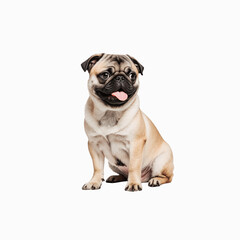 Adorable Pug Posing: A charming pug, with its wrinkled face and endearing expression, sits gracefully, its tongue playfully peeking out. Photorealistic portrayal of canine charm.