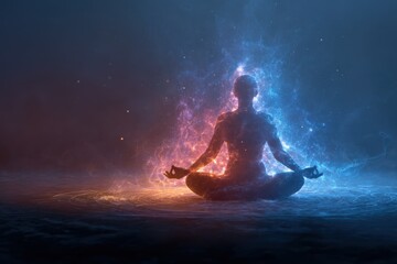 Obraz premium Meditation practice enhances spiritual awareness and inner peace through visualization and focus in a tranquil, ethereal environment