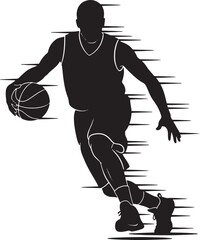 Black Silhouette of Male Basketball Player Dribbling in Motion Sports Action Illustration