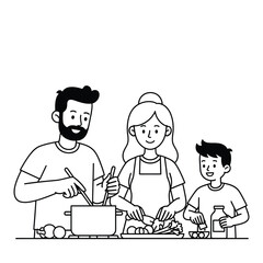 Happy family cooking together in the kitchen, preparing a healthy meal.