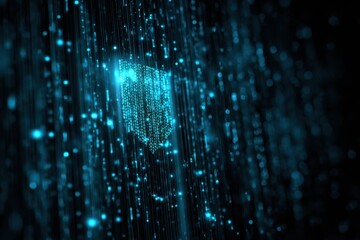 Digital shield representing cyber security in a futuristic virtual environment with binary code streaming in the background for effective protection and defense strategies