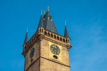 Prague, Czech Republic. Classic historic Clock Tower. A detailed close-up of the upper section of the iconic Old Town Hall Tower