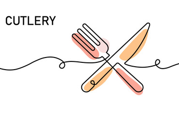 Minimalistic line art depiction of knife and fork as cutlery with abstract elements in a modern design. Clean strokes create a sleek and artistic representation, ideal for culinary or decorative theme