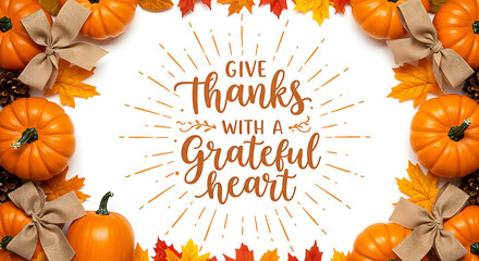 “Give Thanks With a Grateful Heart” Text in Radiating Script over Autumn Wreath of Pumpkins, Leaves, Acorns, and Pine Cones — Cozy Thanksgiving Faith-Inspired Visual in Warm Rustic Style
