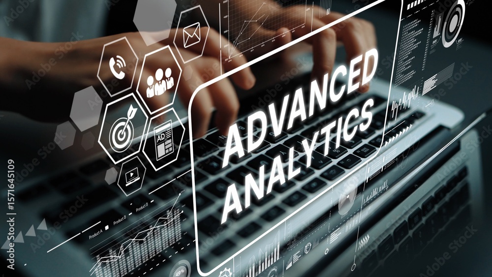 Poster hands typing on laptop with overlay of advanced analytics graphics representing data insights and te