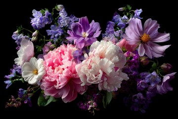 Romantic bouquet featuring pastel flowers arranged beautifully against a black background for a timeless and elegant display