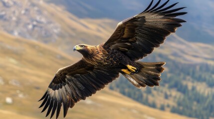 Fototapeta premium Majestic golden eagle soaring above a mountainous landscape.