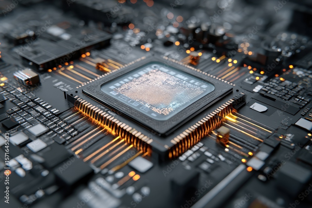 Poster exploration of a high resolution microprocessor and circuit board with glowing connections demonstra