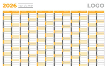 2026 year planner. Corporate and business template schedule calendar. Vector illustration.