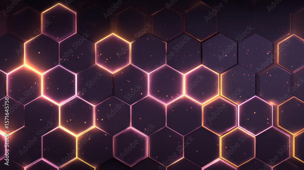 Poster dark hexagon abstract technology background with violet and peach colored bright flashes under hexag