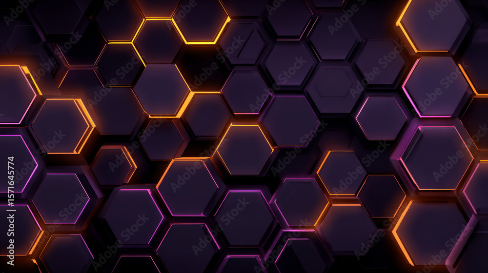 Poster dark hexagon abstract technology background with violet and peach colored bright flashes under hexag