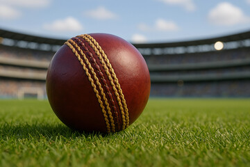 Test Cricket Ball (Cork Ball) on Grass pitch Background Stadium