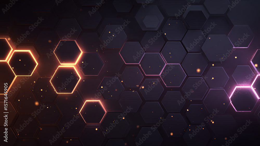 Poster dark hexagon abstract technology background with violet and peach colored bright flashes under hexag