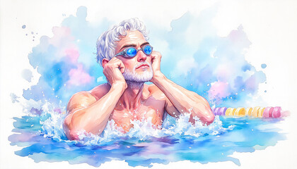 Naklejka premium Watercolor illustration man swimming in pool with swim goggles. Watercolor illustration depicts senior man enjoying leisurely swim, resting arms on pool edge after exercise.