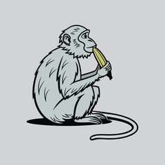 Black and White Monkey Holding Banana Drawing
