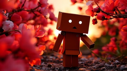 Cute cardboard robot character standing among vibrant red flowers at sunset
