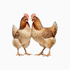 Chicken Pair: Two chickens stand in close proximity, their eyes meeting. They are captured against a simple, uncluttered background, which accentuates their distinct plumage and posture.