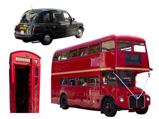 Telephone Booth and red double decker bus and black taxi isolated on white