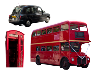 Telephone Booth and red double decker bus and black taxi isolated on white