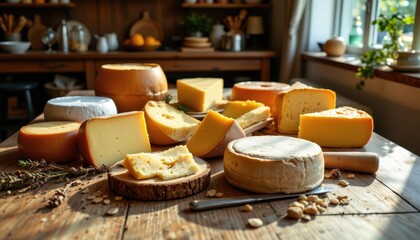 Fototapeta premium a low angle shot from intimate close, shimmering and uplifting, depicts a wooden table laden with diverse home cheese production and cheese types; subject is positioned at the top