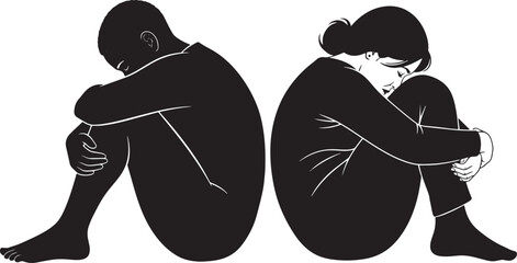 Conceptual illustration of depression and loneliness, black silhouettes of woman , Sad Woman silhouettes Illustrations