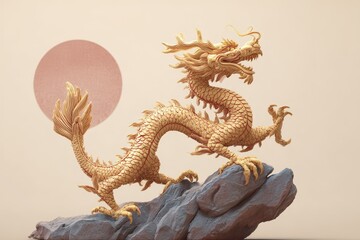 Obraz premium Majestic dragon perched atop a rocky surface with a tranquil backdrop