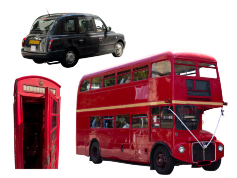 Telephone Booth and red double decker bus and black taxi isolated on white - Powered by Adobe