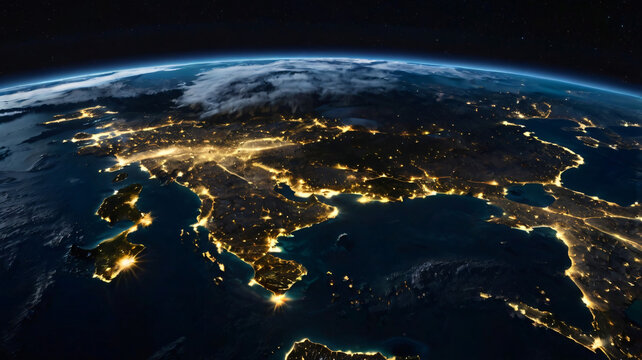 “Stunning 4K Night View of Earth – Mediterranean Sea City Lights from Space”