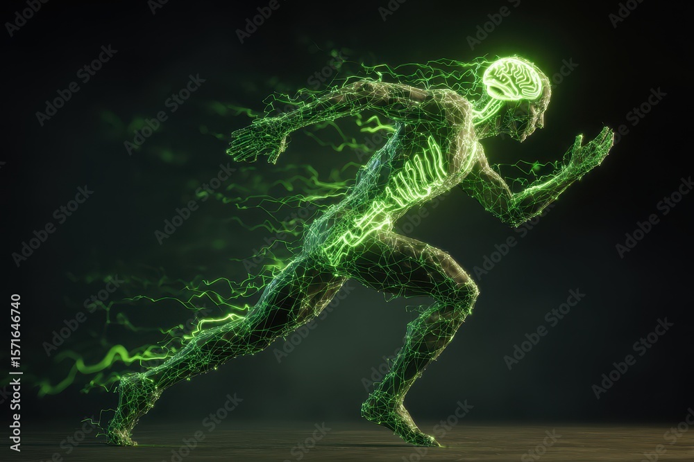Poster man in motion with a glowing human brain and skeletal body representation depicting dynamic movement
