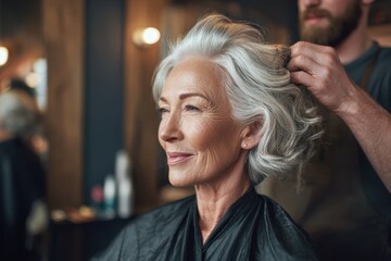 Senior woman enjoying a hair styling session in a modern salon with a professional stylist enhancing her elegant look