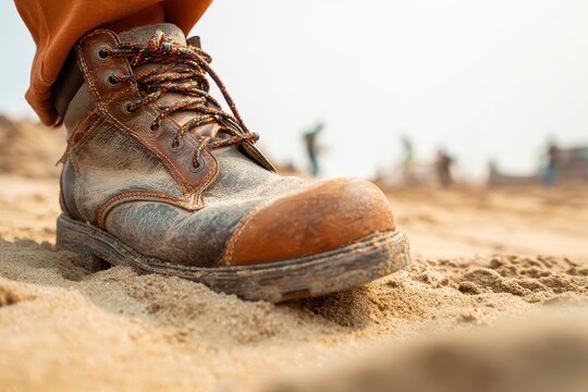 Construction worker wearing leather safety boots on sandy ground at a job site in bright daylight, engaged in building and renovation activities with other workers in the background