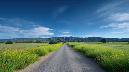 Fototapeta premium Empty country road framed by wildflowers and open fields under vast blue sky