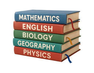 Stack of school books with subject titles isolated on transparent background.
