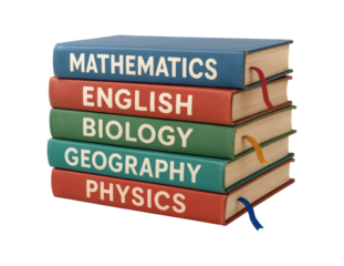 Stack of school books with subject titles isolated on transparent background.