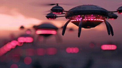 Futuristic Drone Armada Ascending into a Pink Sky, Representing Technological Advancement and Innovation.