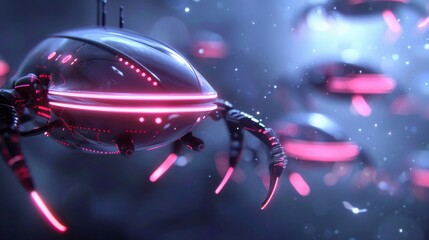 Futuristic robotic insects with pink neon highlights creating a swarm in dark ambiance.