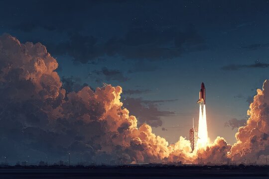Stunning space rocket launch at dusk surrounded by clouds and glowing skies capturing the power and excitement of space exploration
