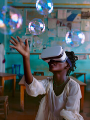 School student wearing VR headset, exploring AI and machine learning. Interactive classroom learning with smart tech and holograms. Happy Black girl engaging in futuristic education.





