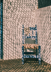Old blue and wicker chair on sunlit deck with shadows